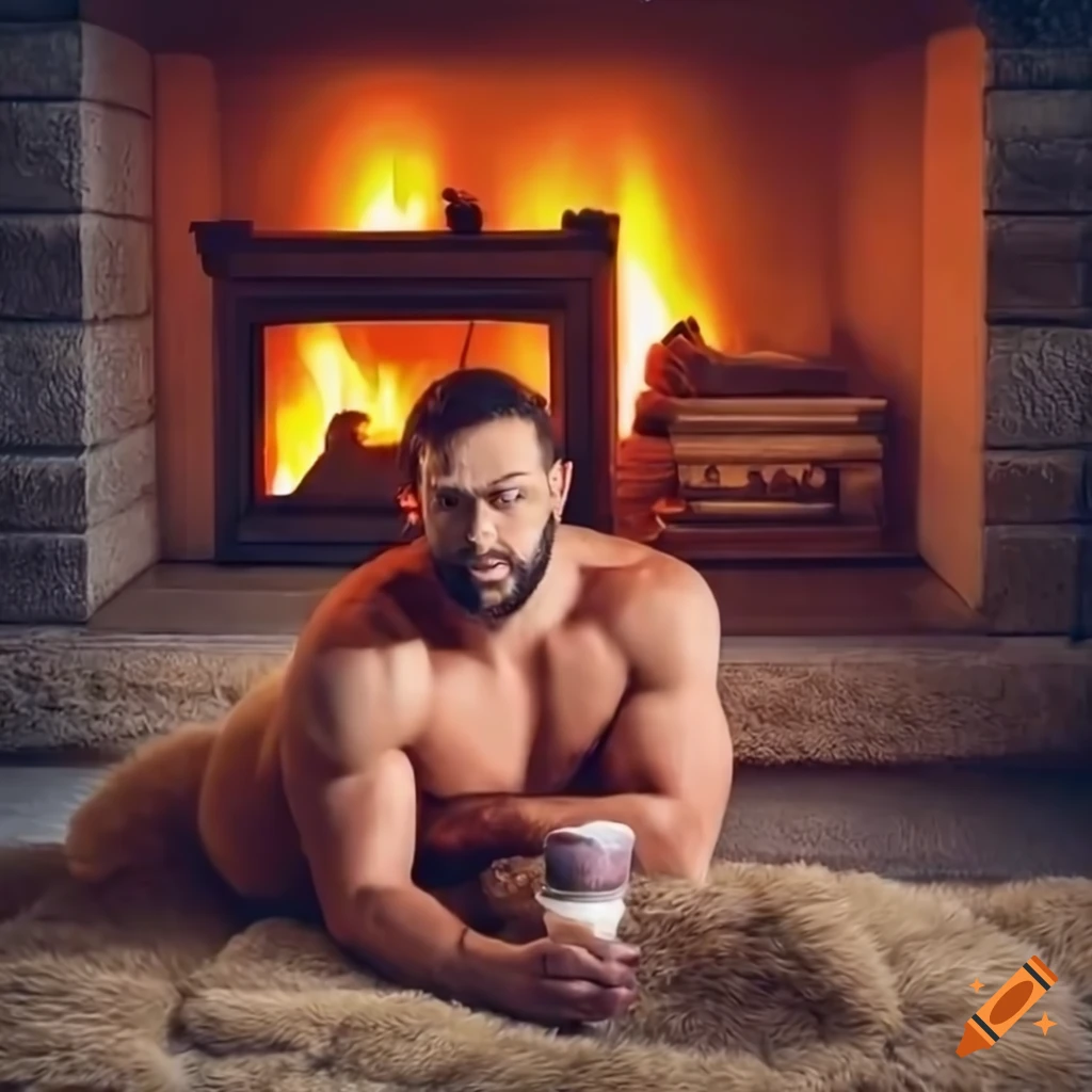 Muscular man relaxing on a fur carpet in front of a fireplace with a sundae