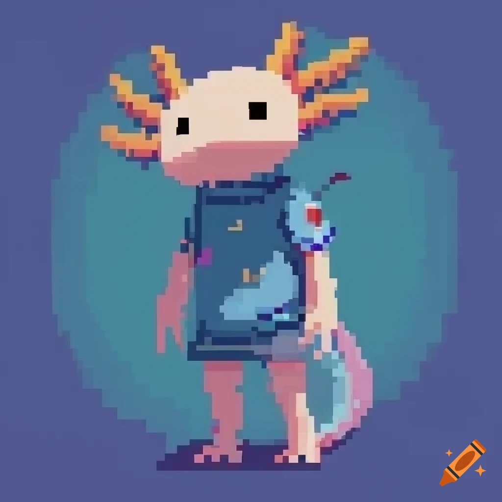 Axolotl wearing blue clothing in pixel art style