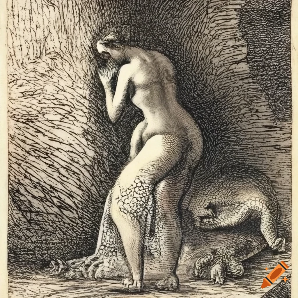 Etching print of a sleeping lady, crocodiles in a cave, and a brute man's back in chiaroscuro style