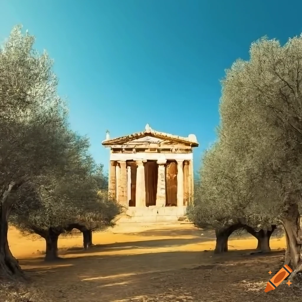 Panoramic view of ancient Greek temple with olive trees and clear skies