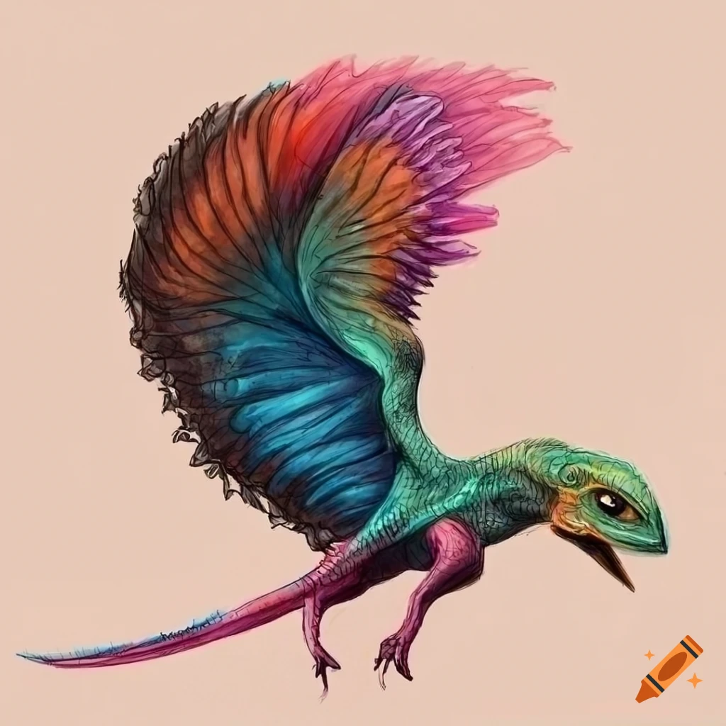 Colorful feathered alien lizard in sci-fi realism sketch art style