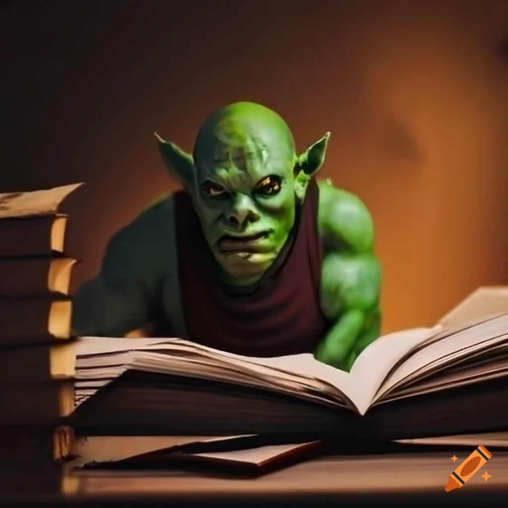 Orc sitting at a desk surrounded by books and paperwork