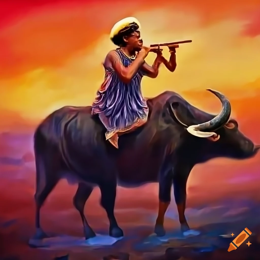 Ethnic musician playing flute while riding a water buffalo at sunset on