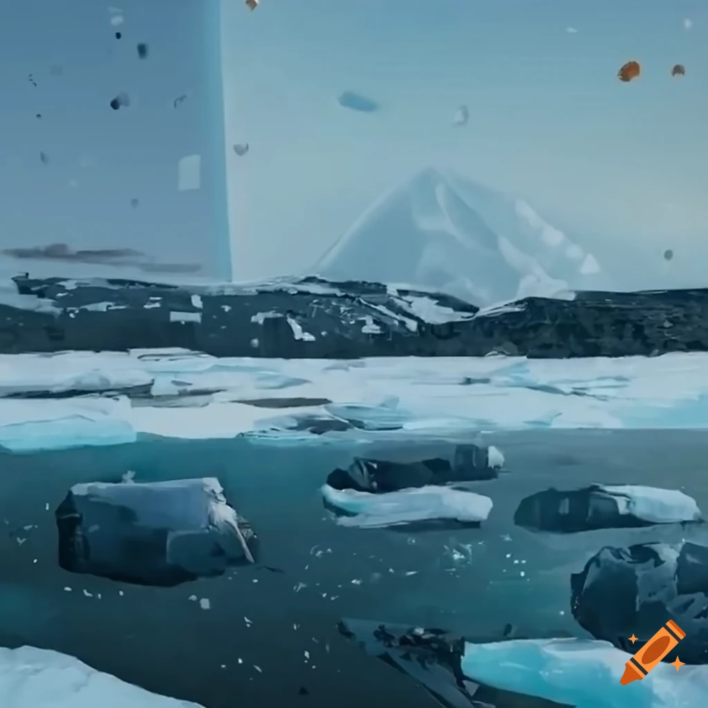 Spaceship crashed on an icy planet landscape