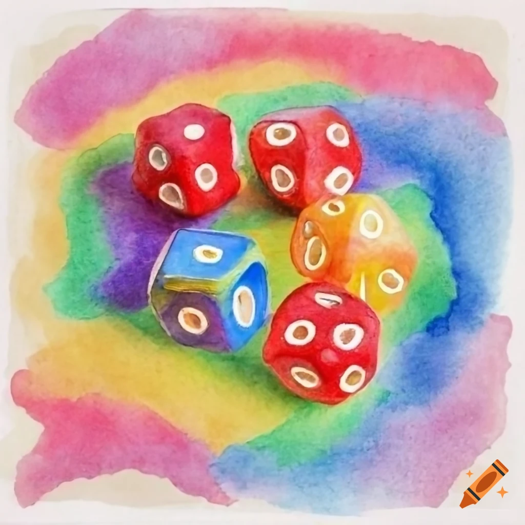 Multiple dice against a rainbow-colored felt table