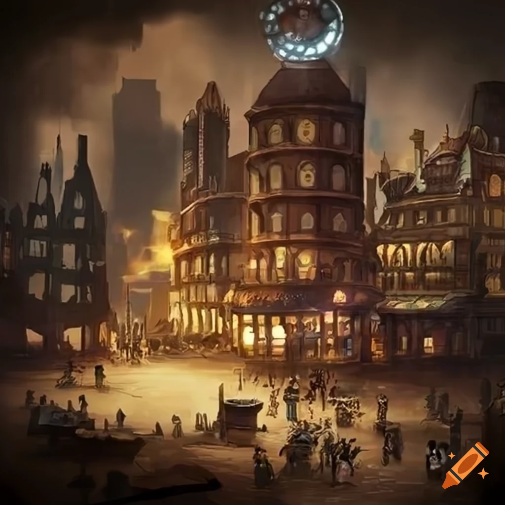 Steampunk city market concept art on Craiyon