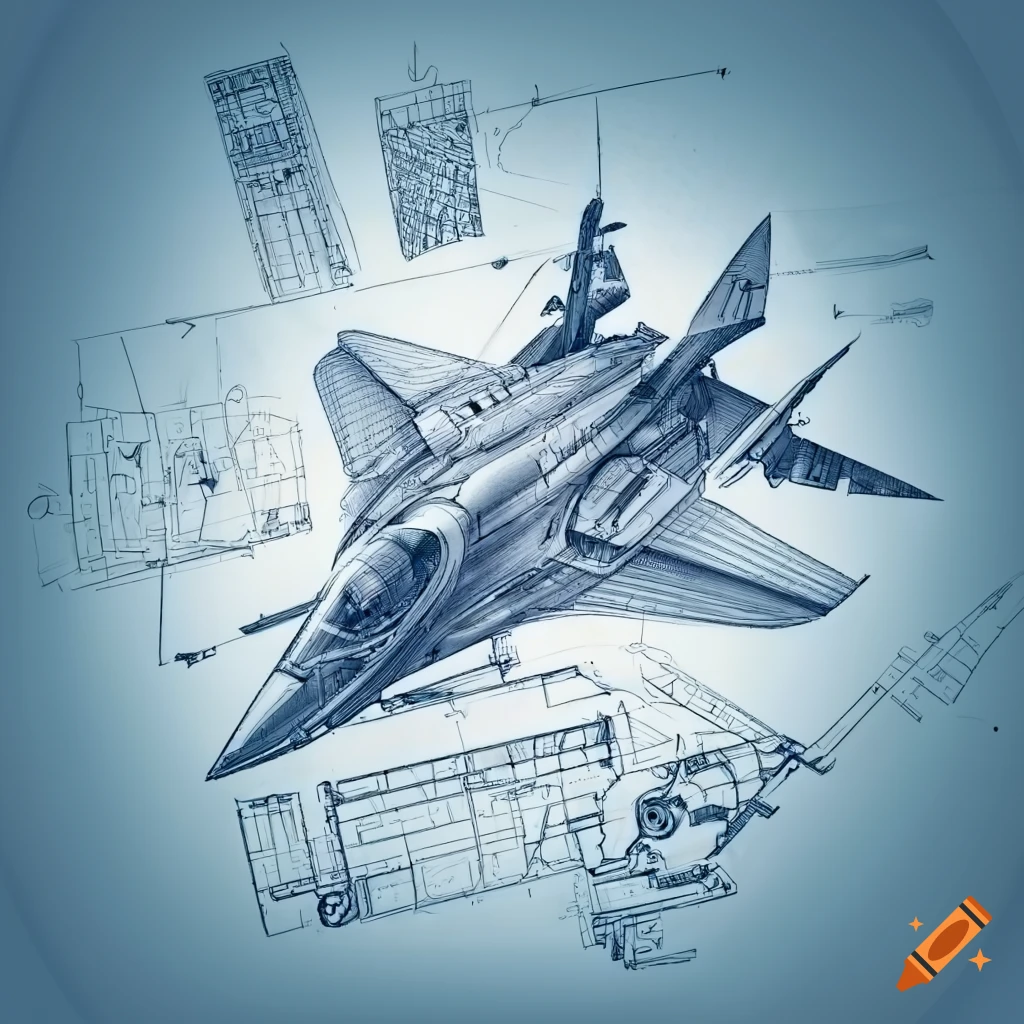 Detailed blueprint of a jet fighter with dimensional diagrams and technical specifications