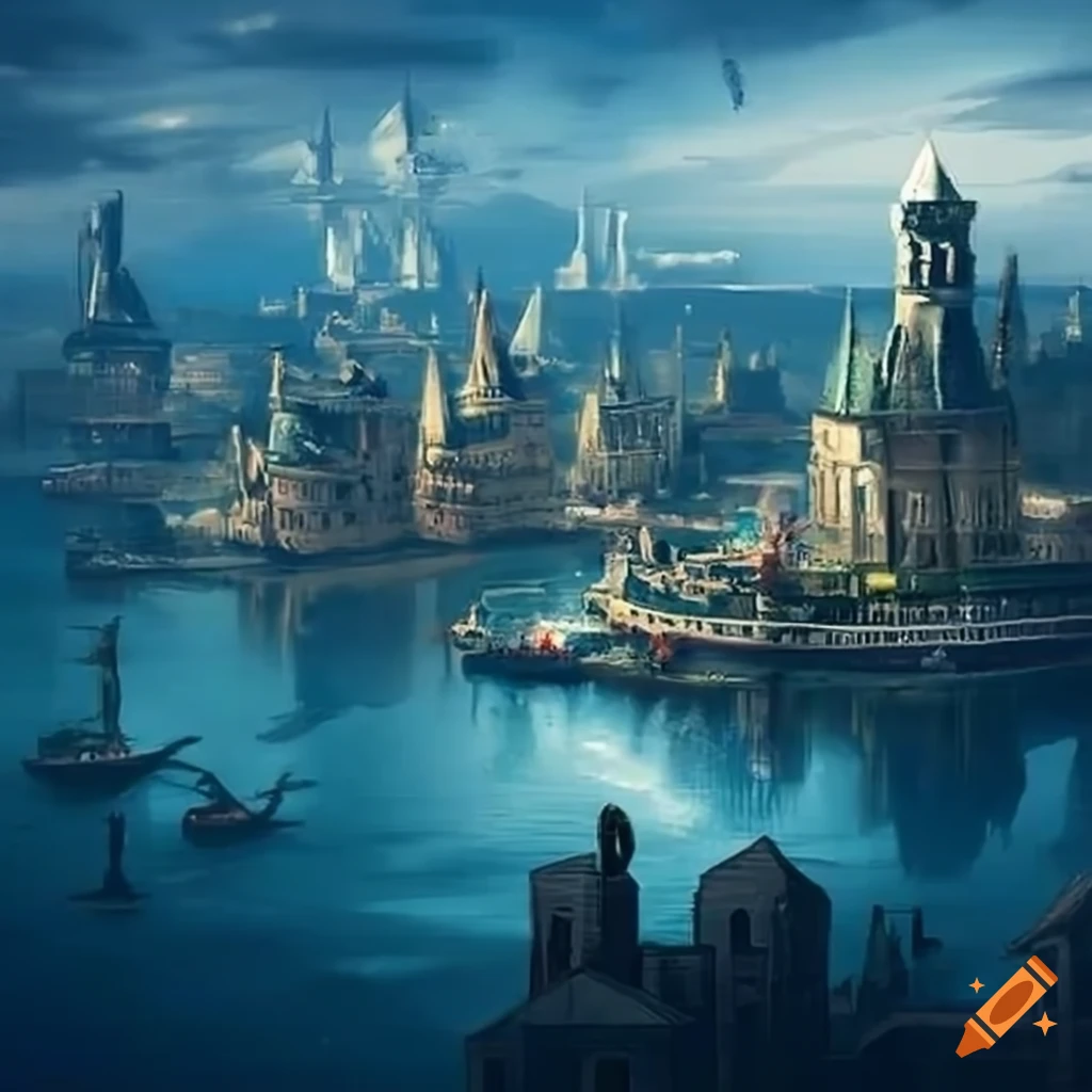 Fantasy city with a bustling harbor, towers, and ships on Craiyon