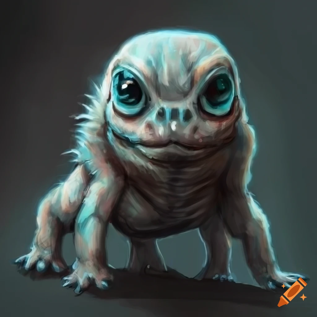 Chubby fluffy lizard alien in sci-fi realism rough sketch art