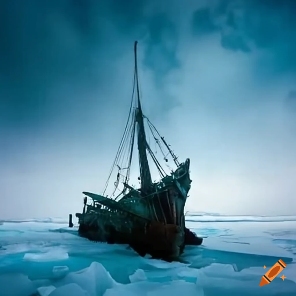 Wrecked ship stranded in ice