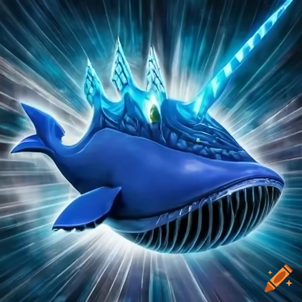 Yu Gi Oh art of a powerful blue whale with a unicorn horn