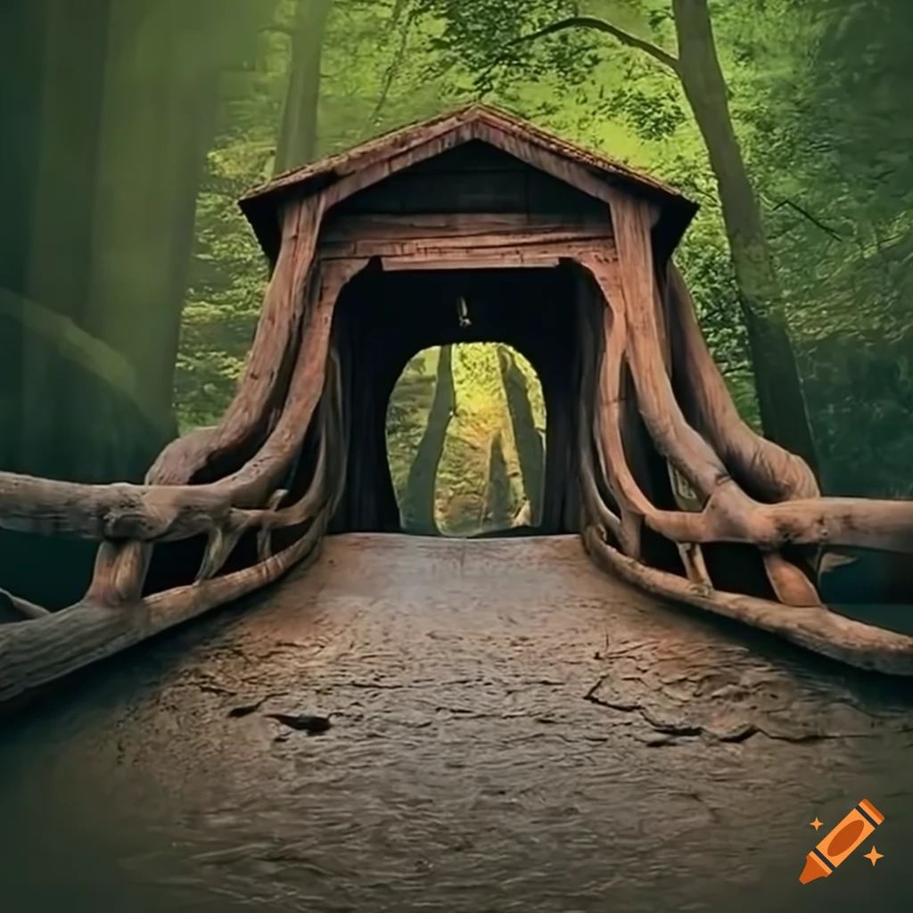 150 foot long covered bridge made of wood and stone in a fantasy style