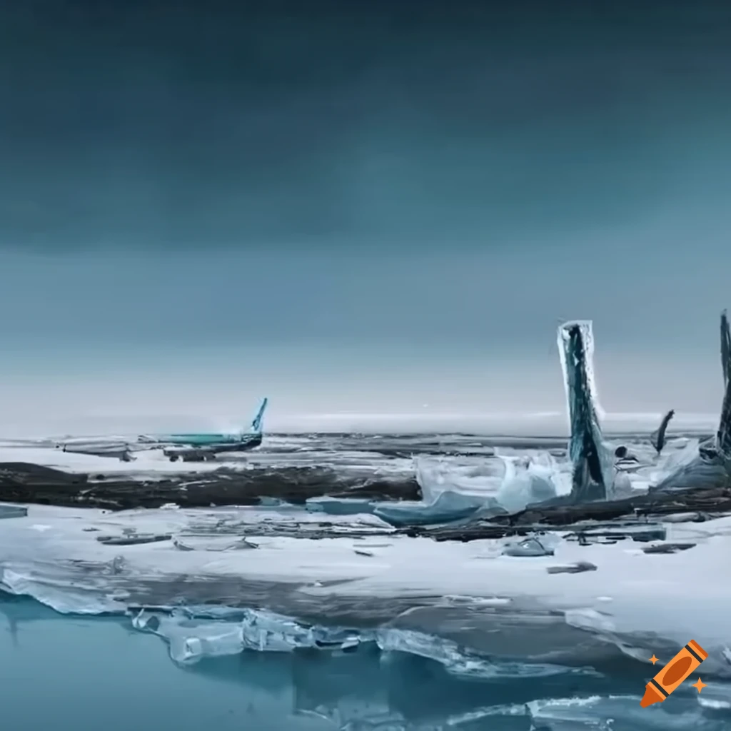 Spaceship crashed on an icy planet landscape
