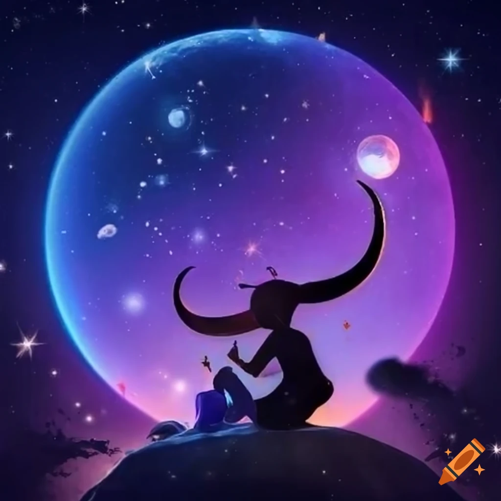 Taurus constellation and bi pride flag under a waxing crescent moon on