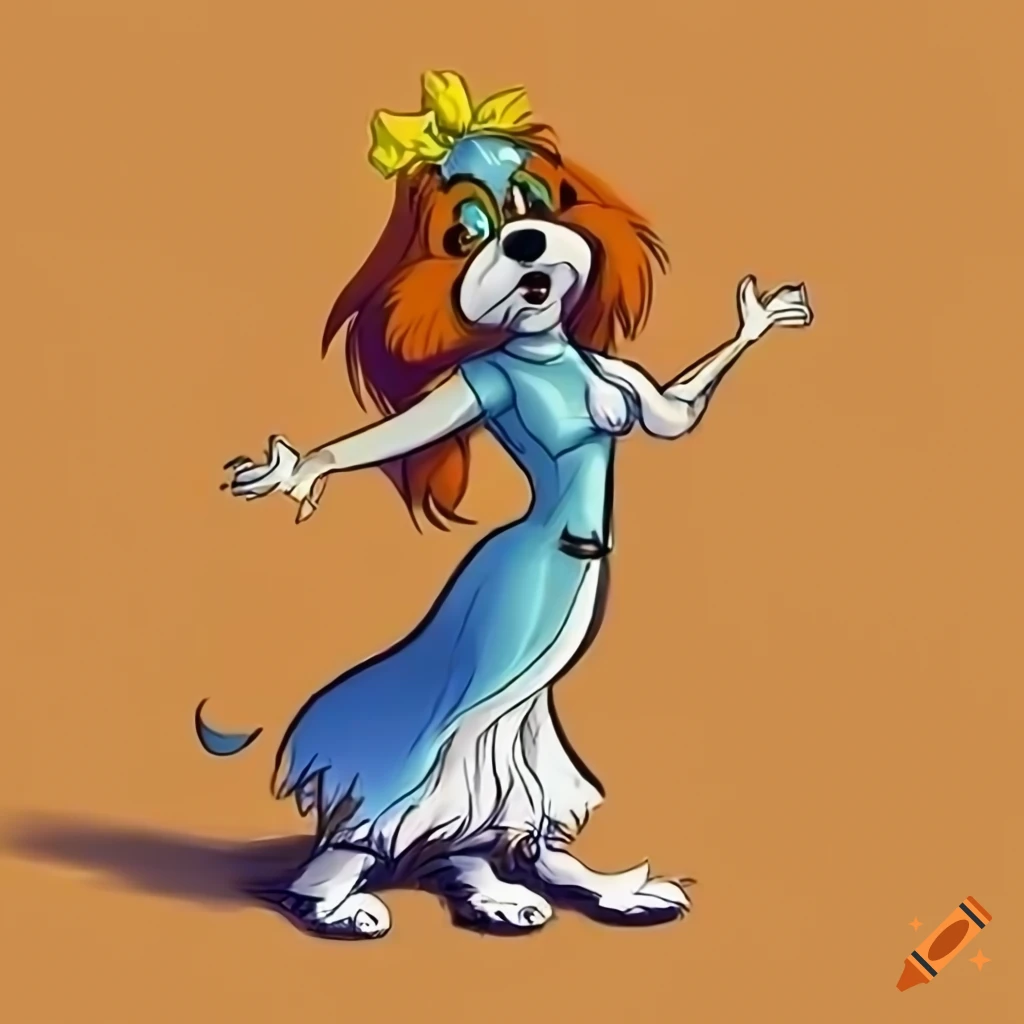 Anthro female shih tzu dog with yellow fur in a 1960s cartoon style