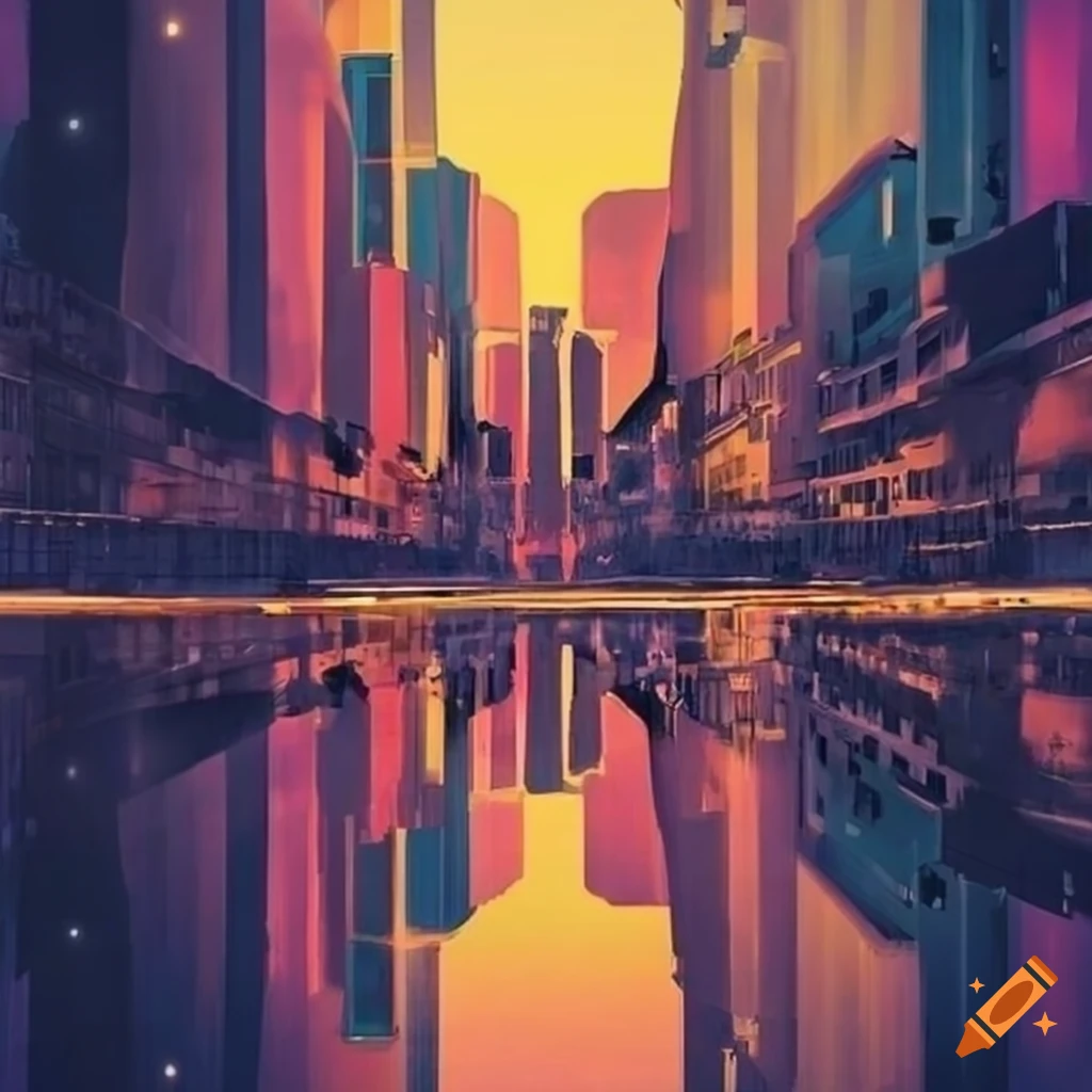 Dreamy cityscape with reflection in water