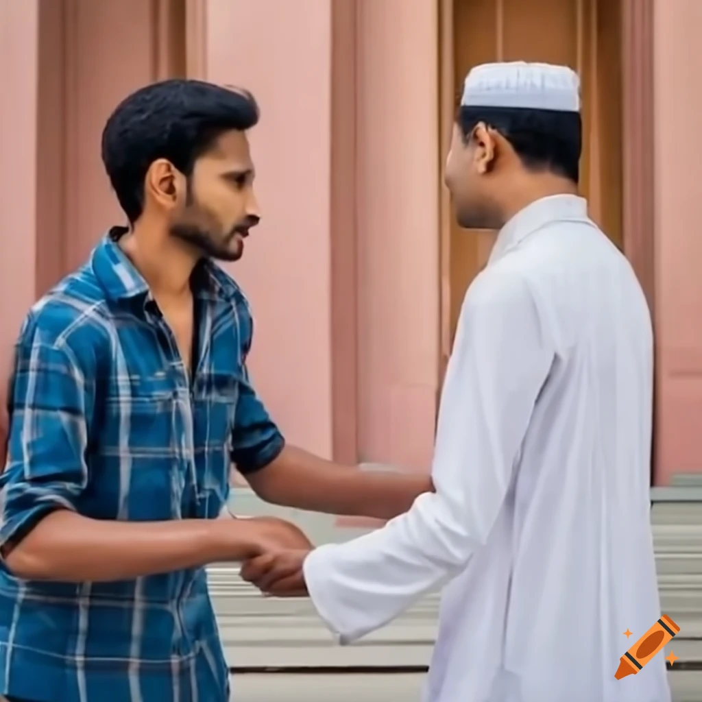Indian man shaking hands with Muslim man full body