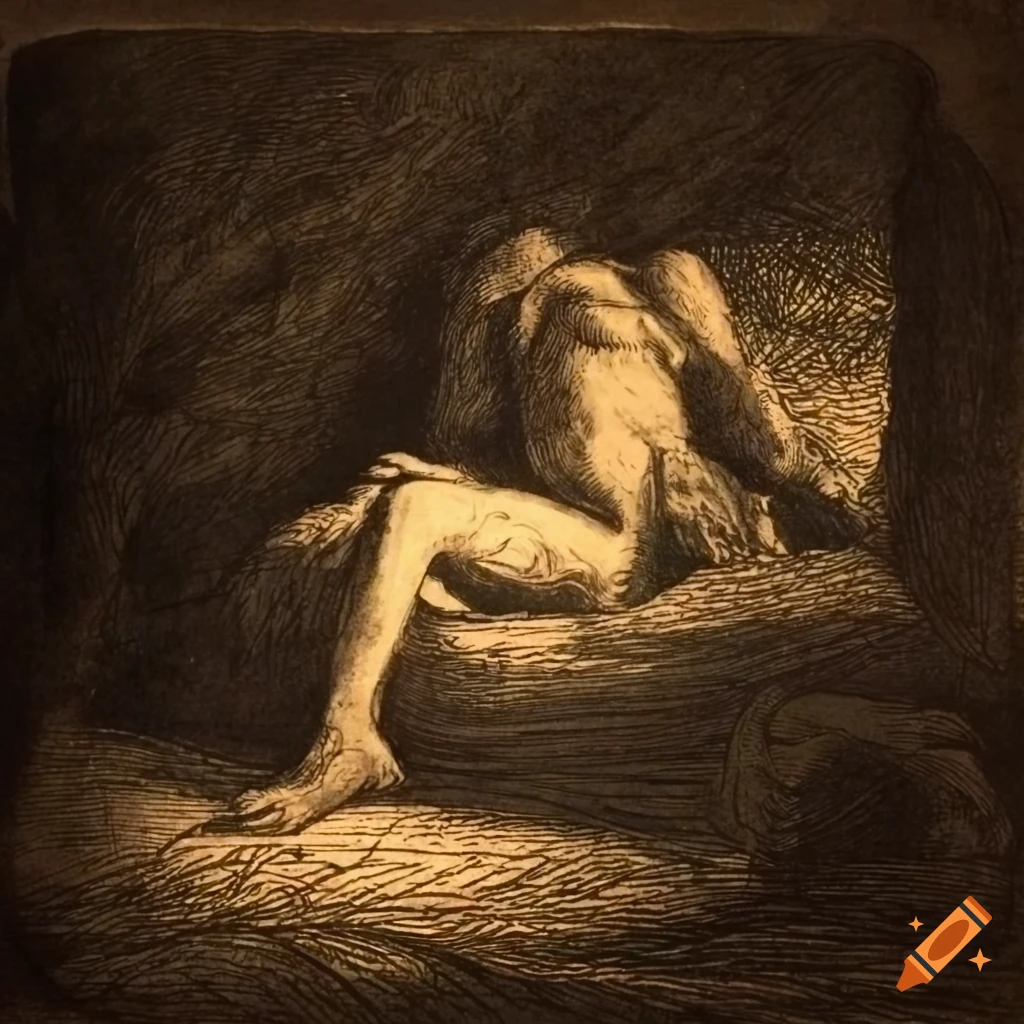 Antique etching print of a sleeping bearded man in a cave