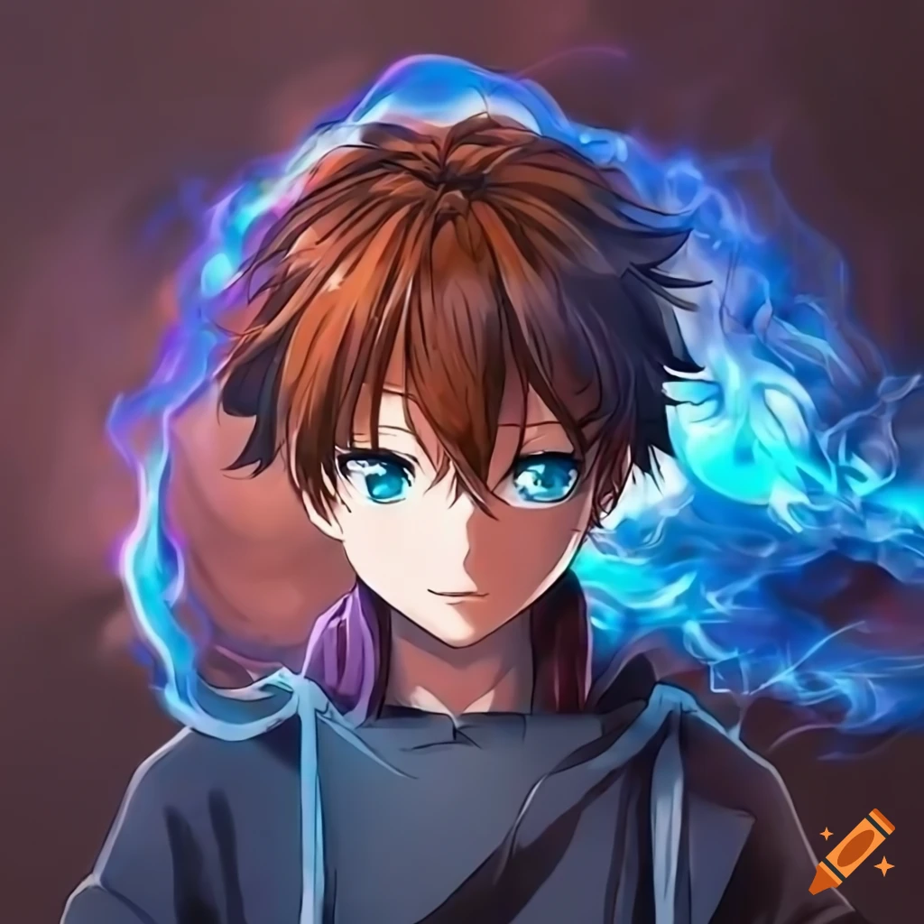 Anime-style man with brown hair and eyes in blue fire swirl