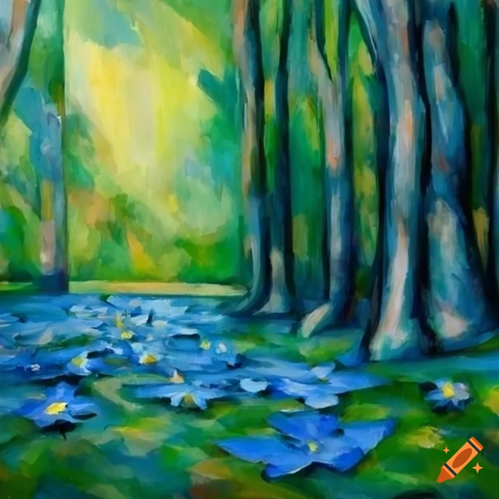 Deciduous forest with blue star-shaped flowers in Cezanne style painting