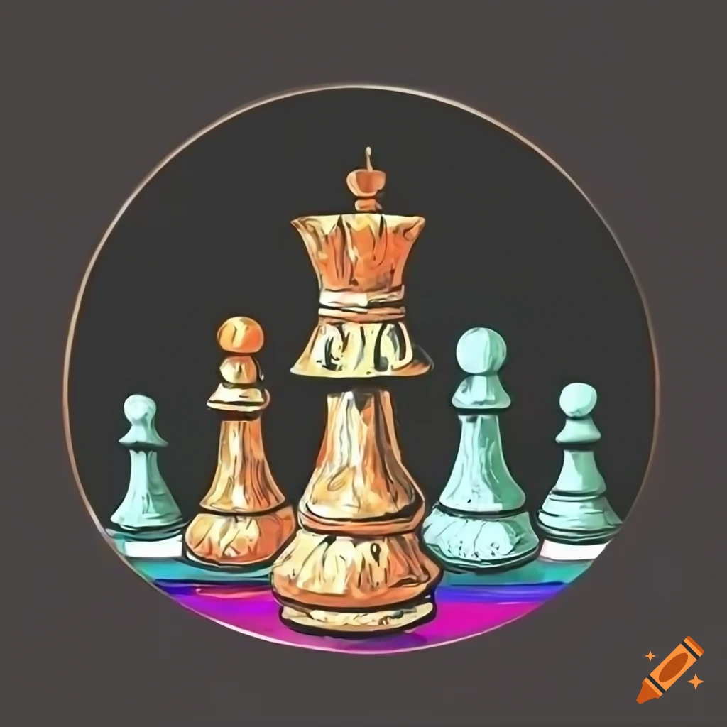 Colorful chess pieces in a circle on black and white background