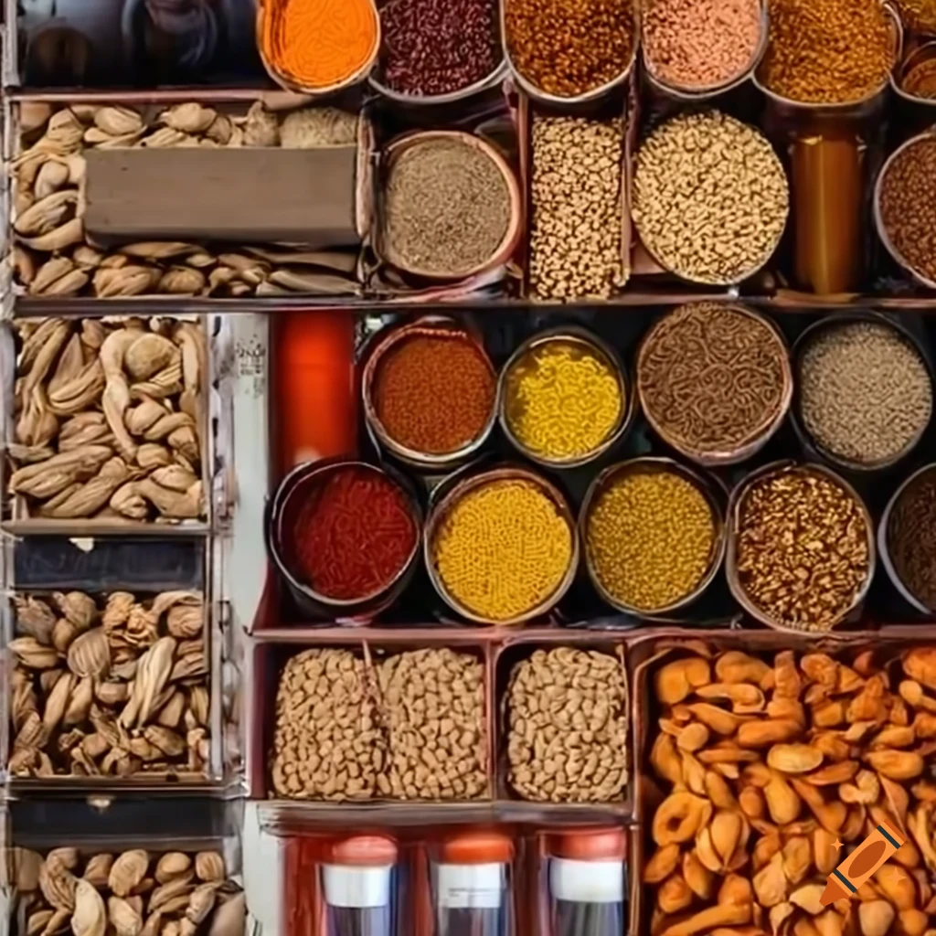 Indian export company warehouse with spices, oils, nuts, and essential oils