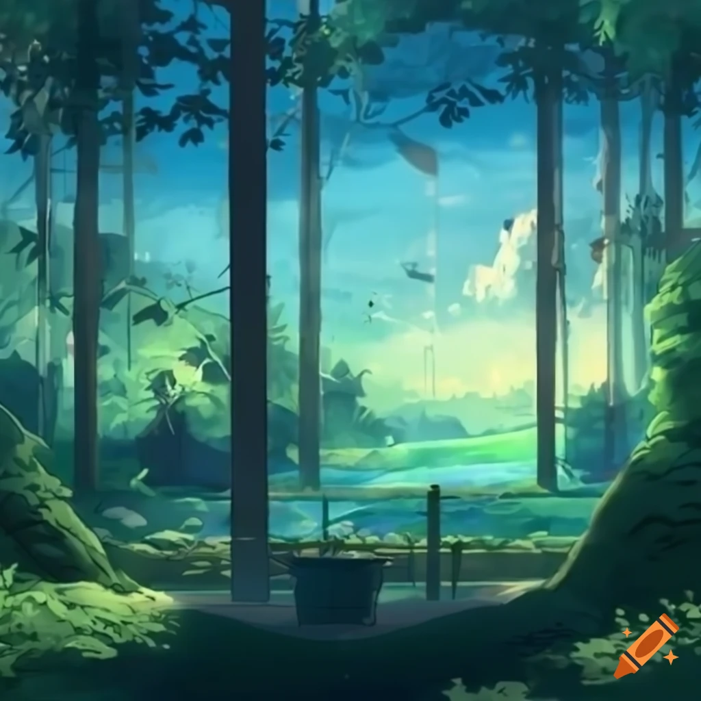 Anime scenery of a lush greenhouse