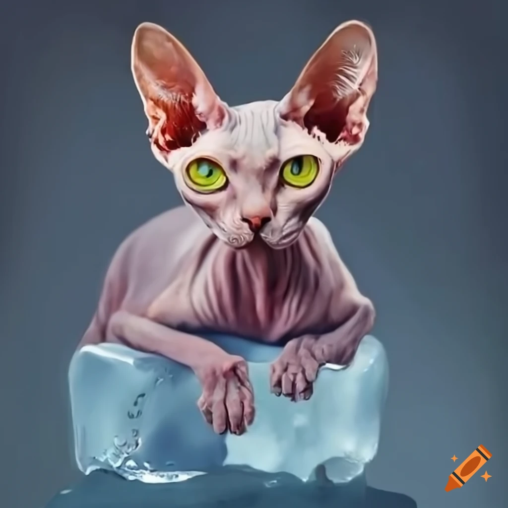 Sphynx cat sitting on a large ice cube in a whimsical painting