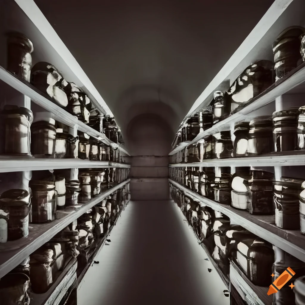 Room with shelves of jars holding seeds in an underground vault