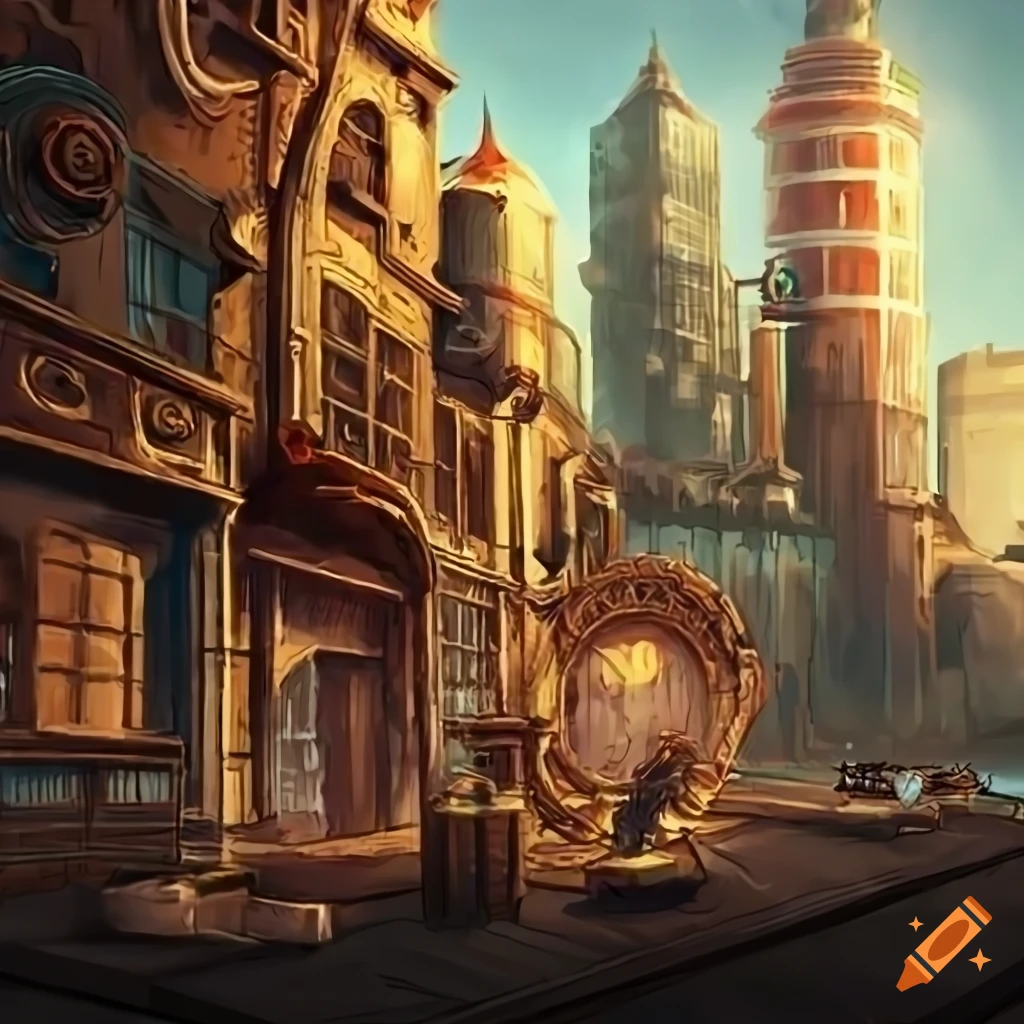 Steampunk city market concept art on Craiyon