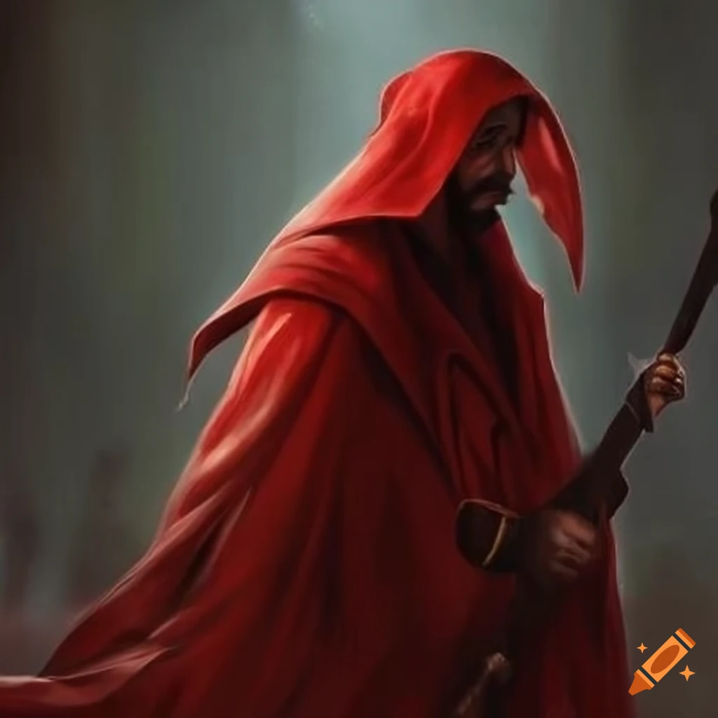 Middle eastern man with red cloak wielding two scimitars