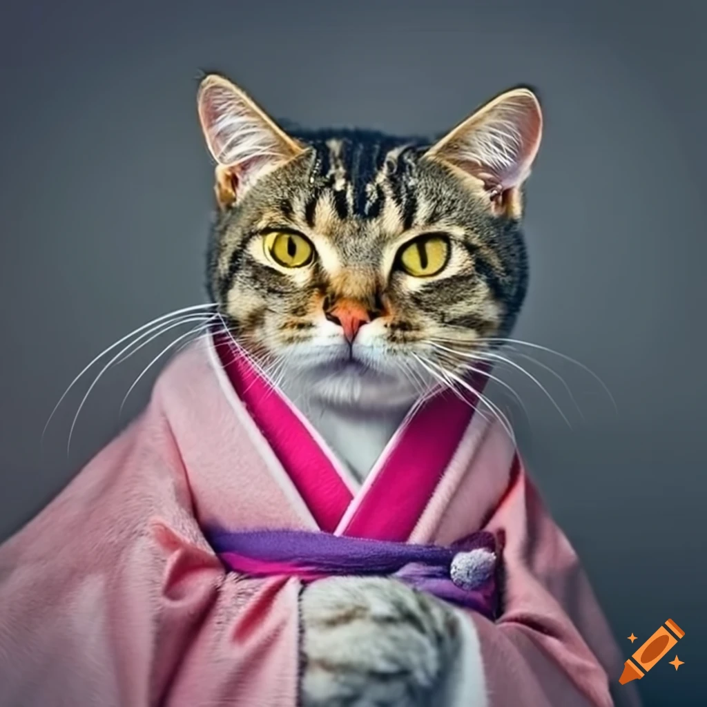 Female Tabby cat in pink kimono with yellow eyes
