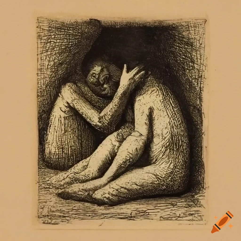 Antique etching print of a sleeping bearded man in a cave