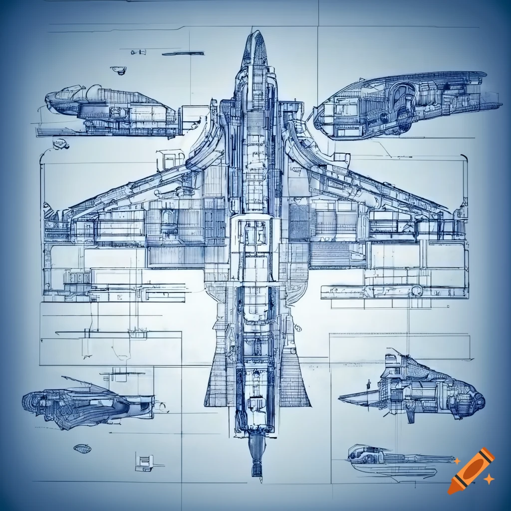 Detailed blueprint of a jet fighter with technical specifications