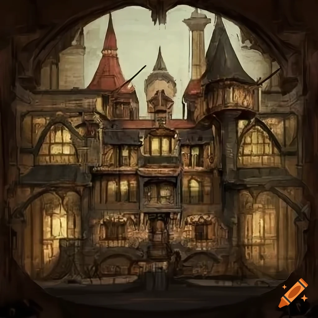 Steampunk manor concept art with intricate details on Craiyon