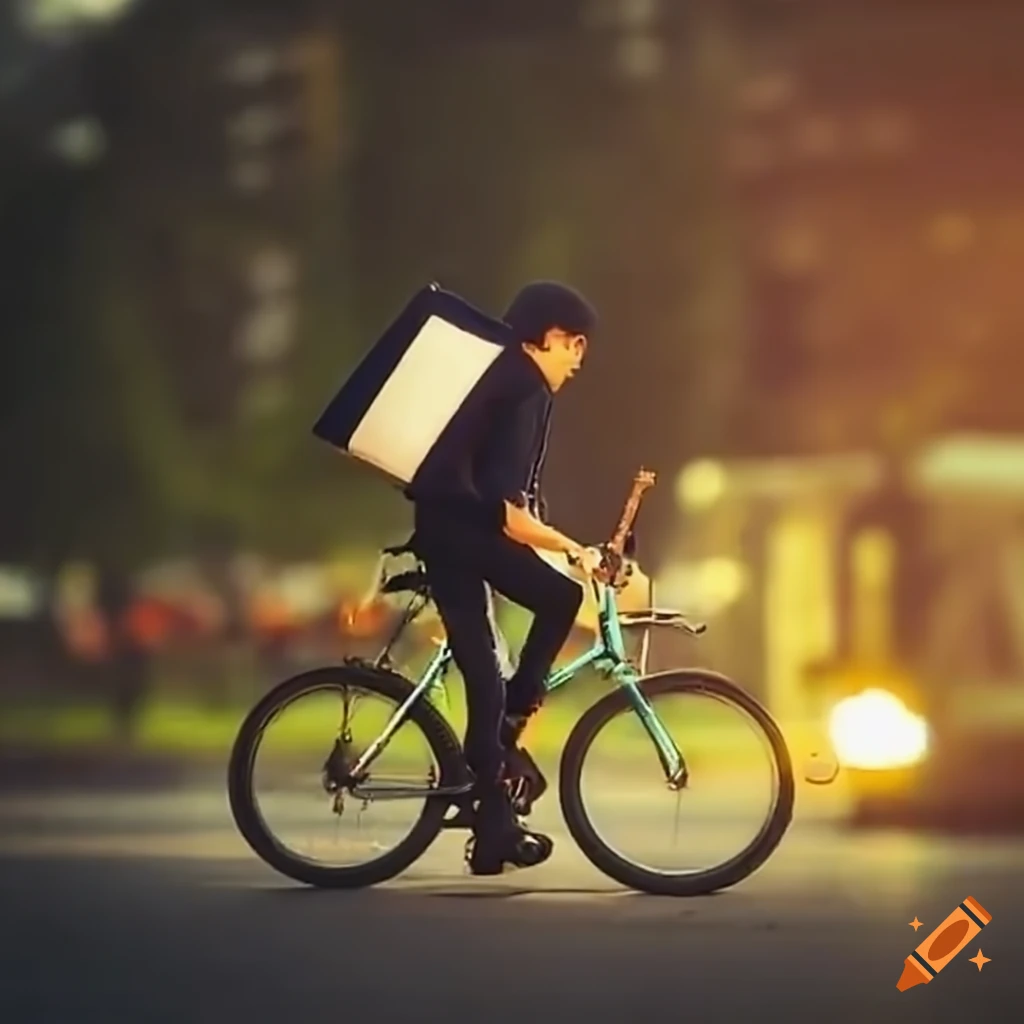 Boy working as a courier man on a bicycle