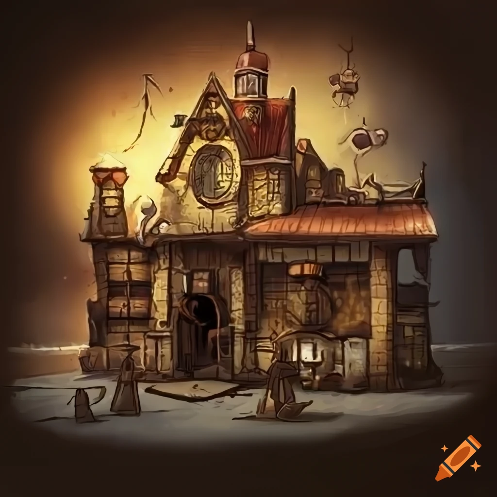 Steampunk tavern exterior concept art on Craiyon