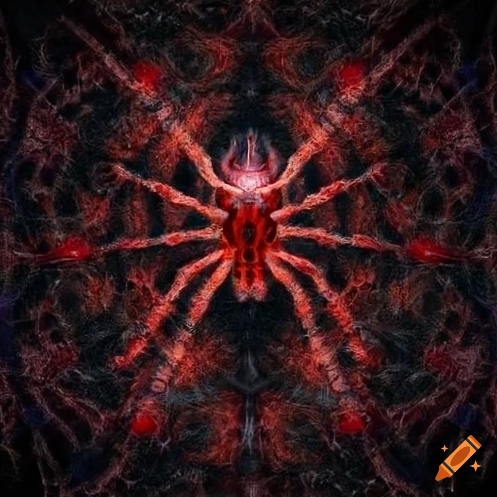 Intricately detailed ancient red spider - Crimson Voidweaver - weaving its web against a dark starry nebula kaleidoscope