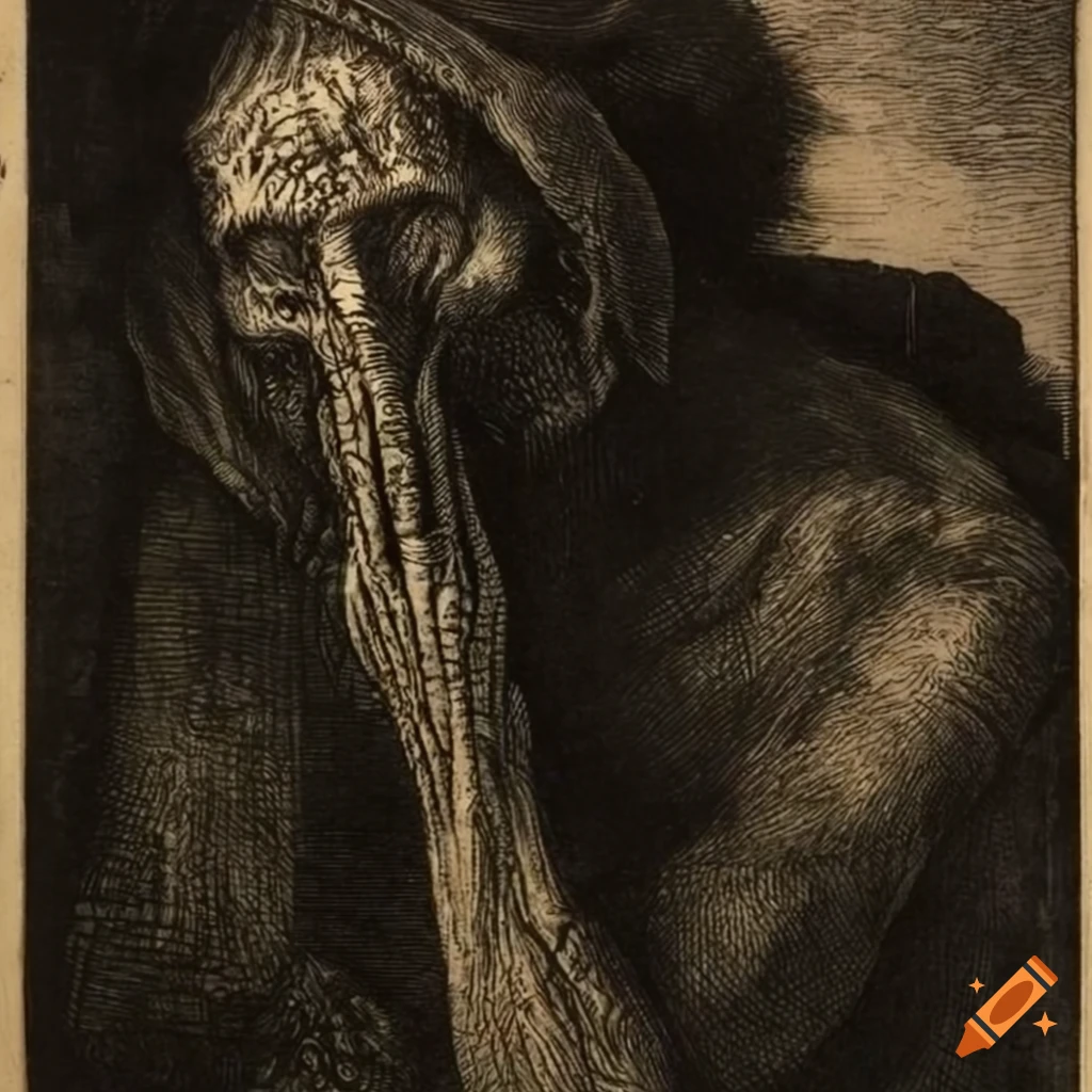 Etching print depicting a group dancing in a cave with an elephant man prophet in half-light