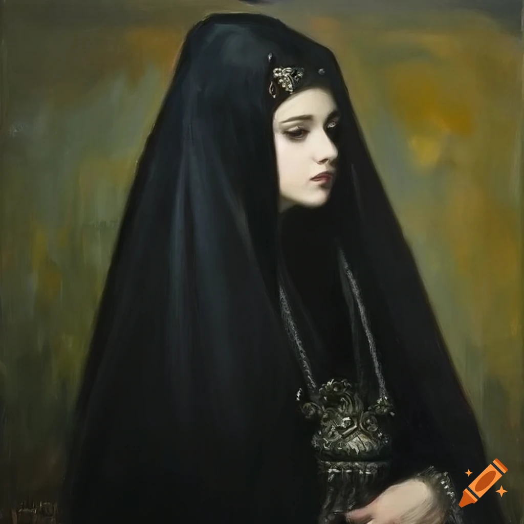 Figurative painting of The High Priestess with dark shades and religious references