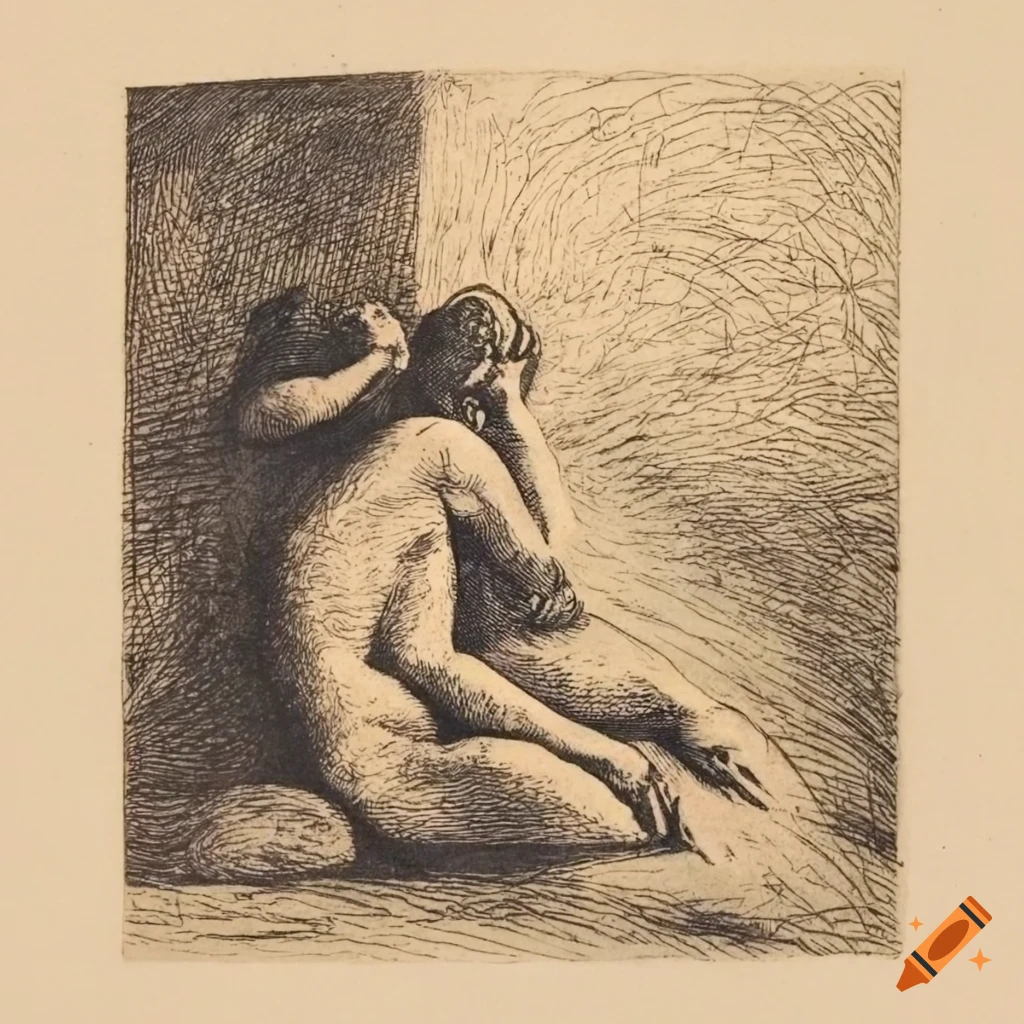 Antique etching print of a sleeping bearded man in a cave