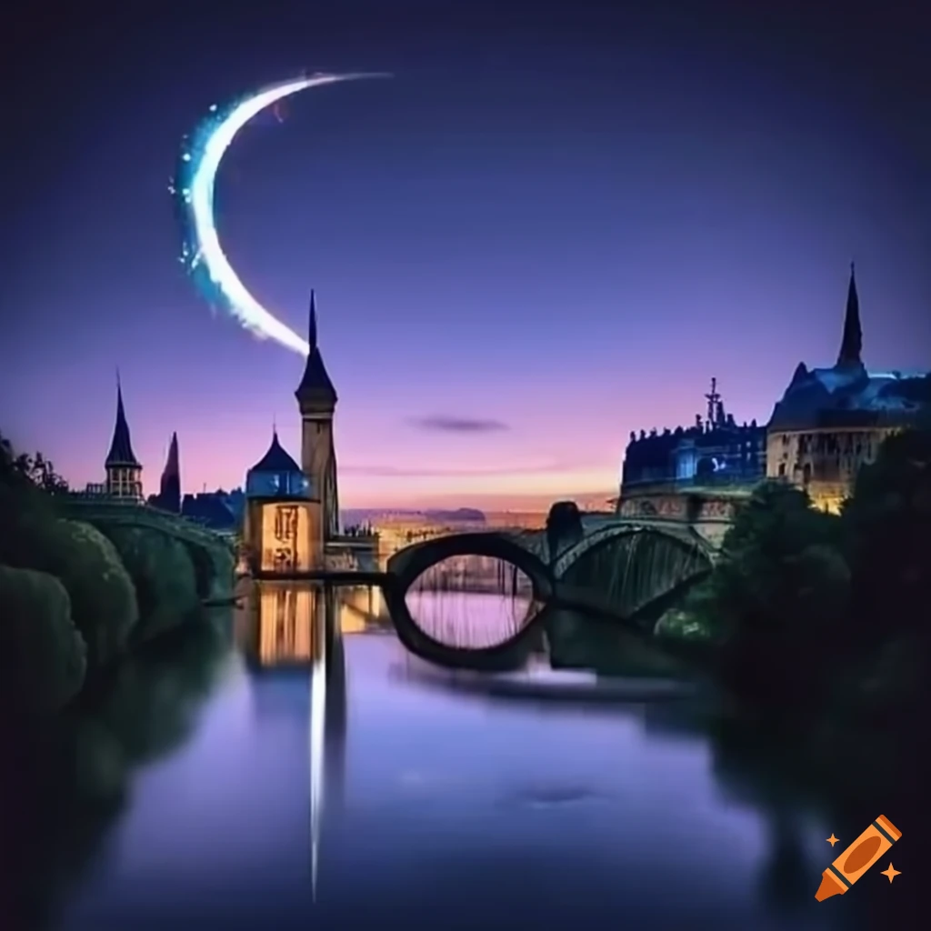 Ramadan scene in Luxembourg with the crescent moon, Ramadan lamp, Adolphe Bridge, and the Gëlle Fra statue