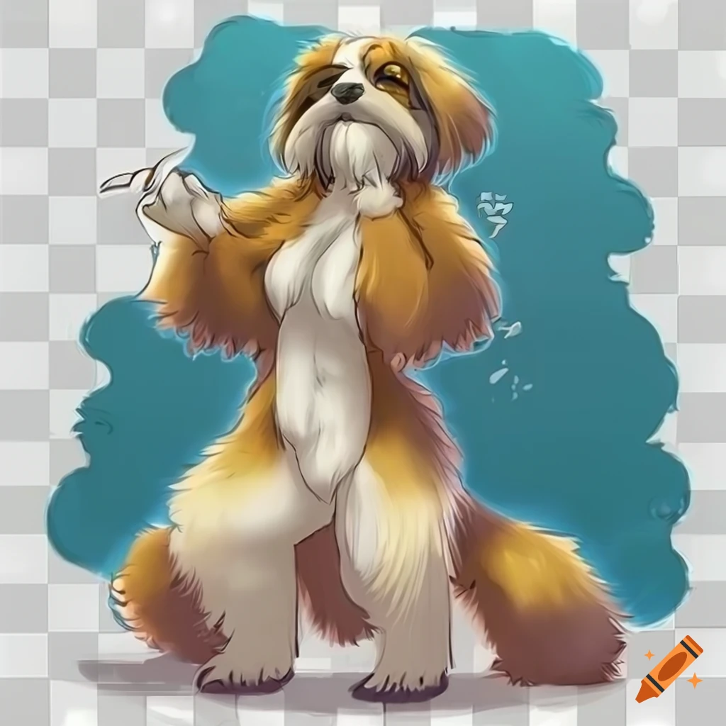 Anthro female shih tzu dog with yellow fur in full-length portrait
