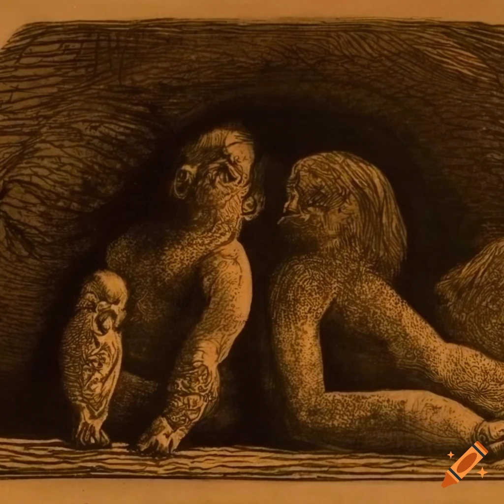 Antique etching print of a sleeping bearded man in a cave with a fertility dance diorama