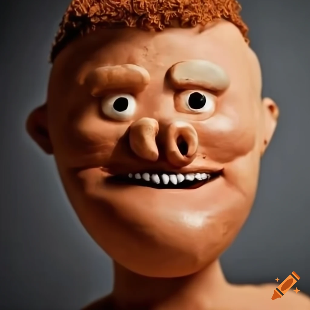 Clay figure of a man with unique features in a claymation show