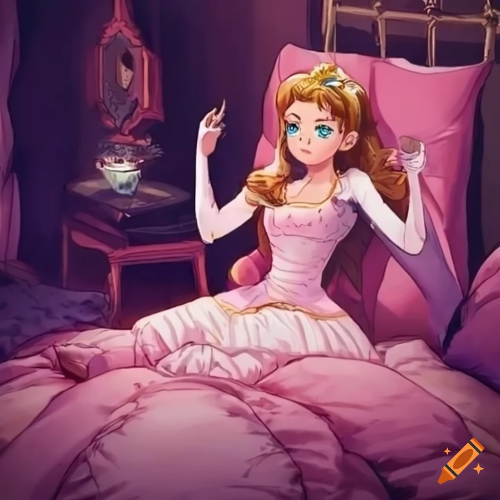 Princess sitting surrounded by pillows in a comic style on Craiyon