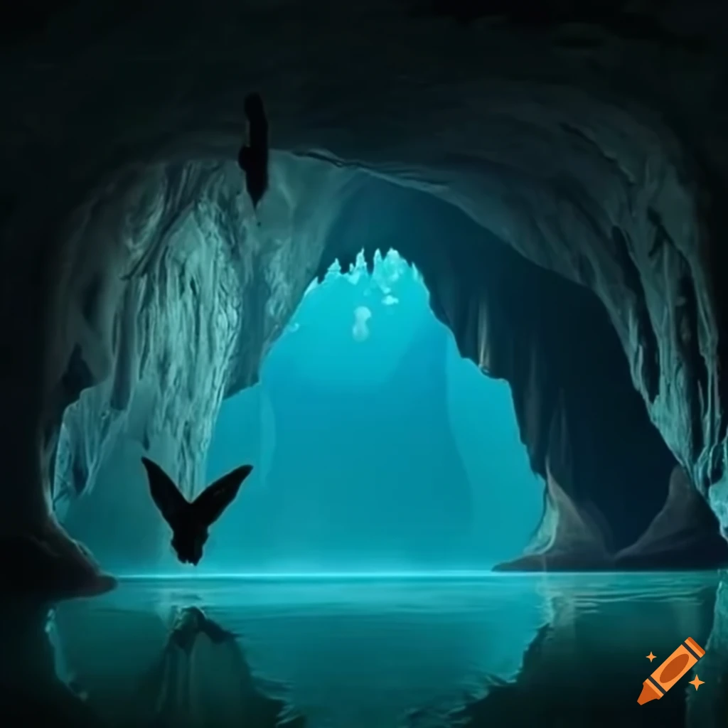 Enchanting cave with bats over water