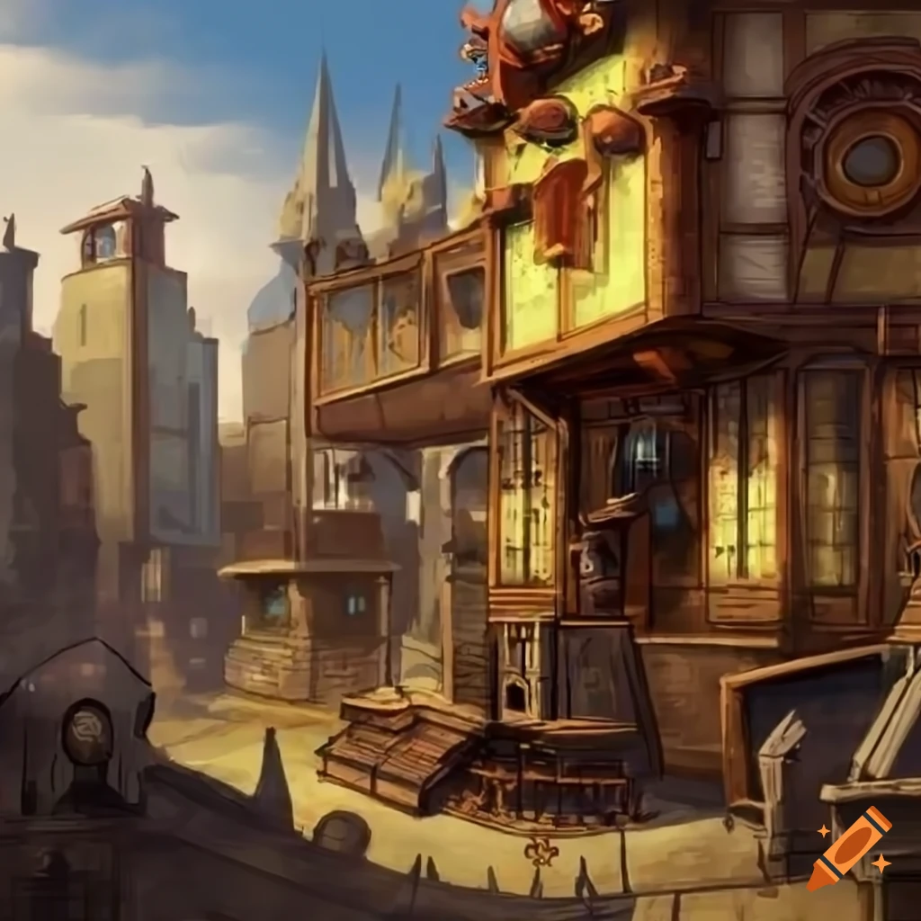Steampunk tavern exterior in a city concept art on Craiyon