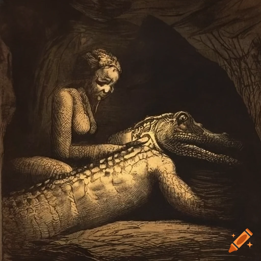 Etching print of a sleeping lady, crocodiles in a cave, and a brute man's back in chiaroscuro style