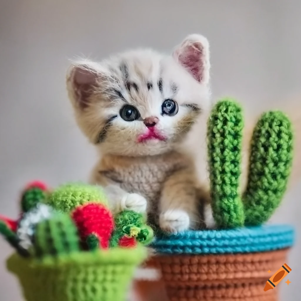 Crochet kitten beside a crochet cactus in a pot